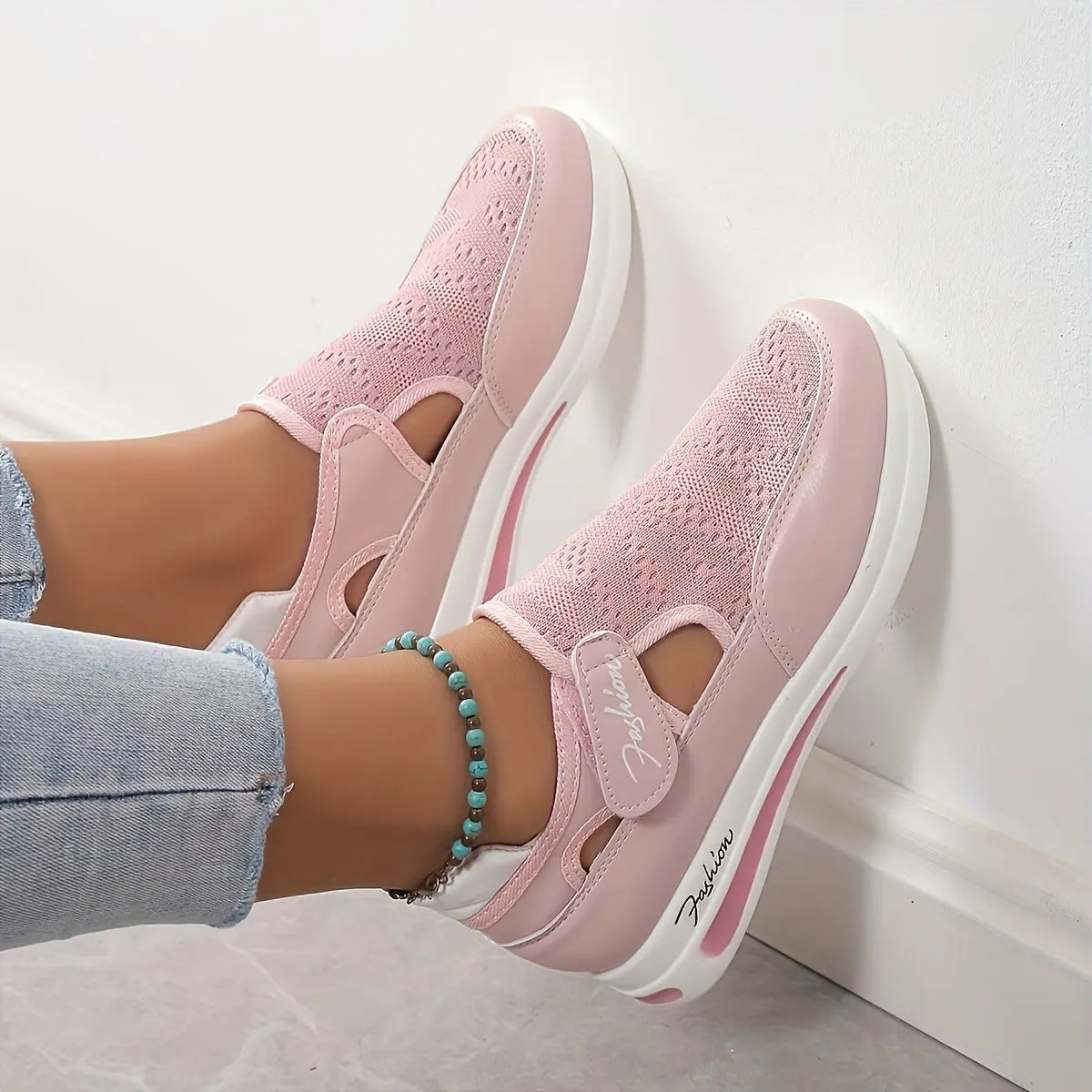 Women's Breathable Mesh Sneakers - Casual Slip-On Platform Shoes with Comfortable Fabric Interior, Low-Top Design, Ideal for Sports and Tennis, Black with White and Pink Accents, Versatile Sneakers|Athletic Wear|Breathable Me Lady T Fashions