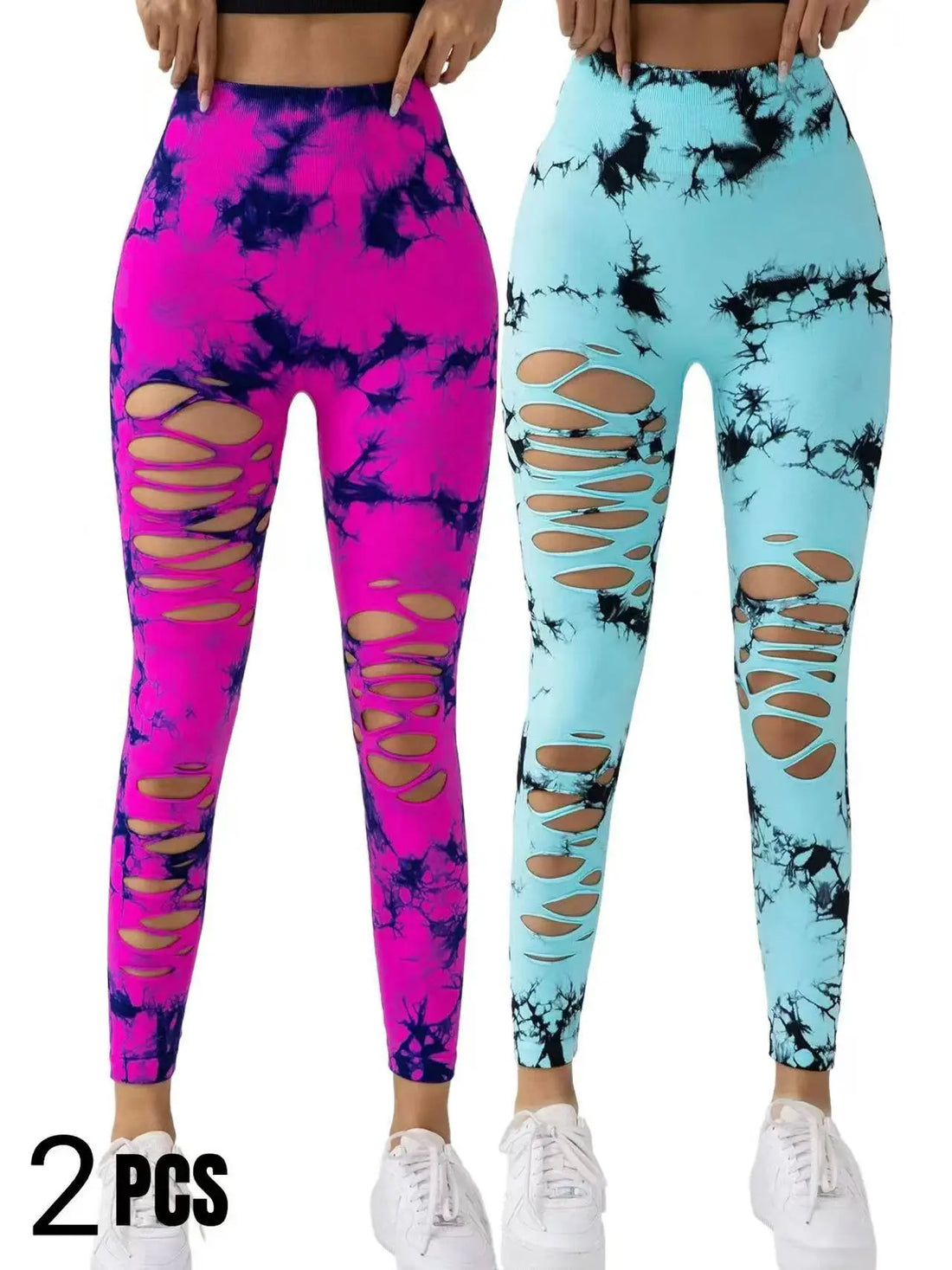 2 Pack New Style Hollow-Out Tie-Dye High-Waisted Tummy-Control Yoga Pants Lady T Fashions