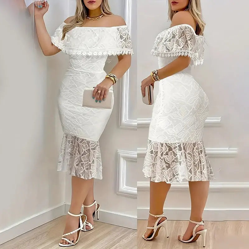 Women's Elegant Off-Shoulder Lace Bodycon Dress With Lace Panels For Casual & Formal Occasions Lady T Fashions