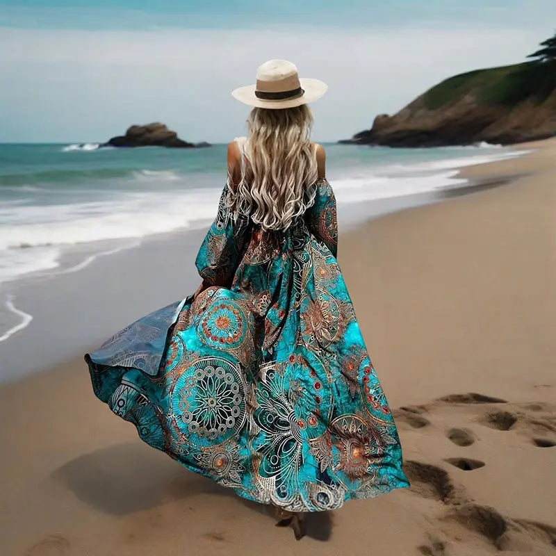 Women's Strapless Off-Shoulder Long Sleeve A-Line Dress - Bohemian Beach Maxi Dress With High Slit For Summer Vacation Lady T Fashions