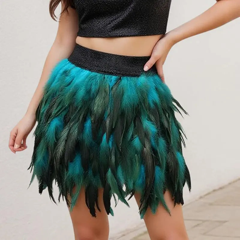Women's Unique Faux Feather Asymmetrical Mini Skirt - Gothic Party Dance Skirt For Summer Events Lady T Fashions