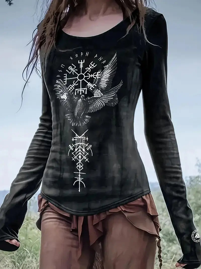 Vintage Tribal Bird Viking Ethnic Pattern Long Sleeve T-Shirt Lady T Fashions
