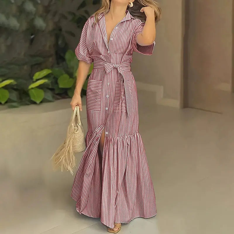 Women's Summer Casual Striped Button Down Maxi Dress Tie Waist Short Sleeve Shirt Dress With Pockets Lady T Fashions