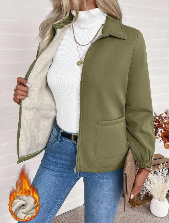 Casual Solid Color Zipper Fleece Jacket, Autumn Winter Lady T Fashions