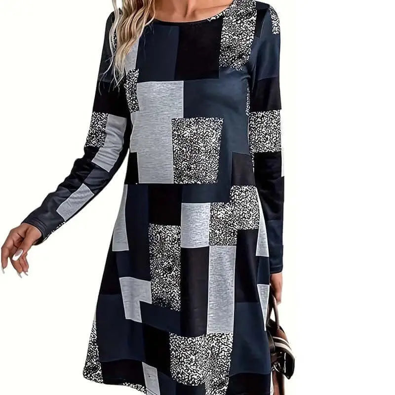 Women's Round Neck Long Sleeve Dress - Digital Print Casual Elegant Spring & Fall Dress Lady T Fashions