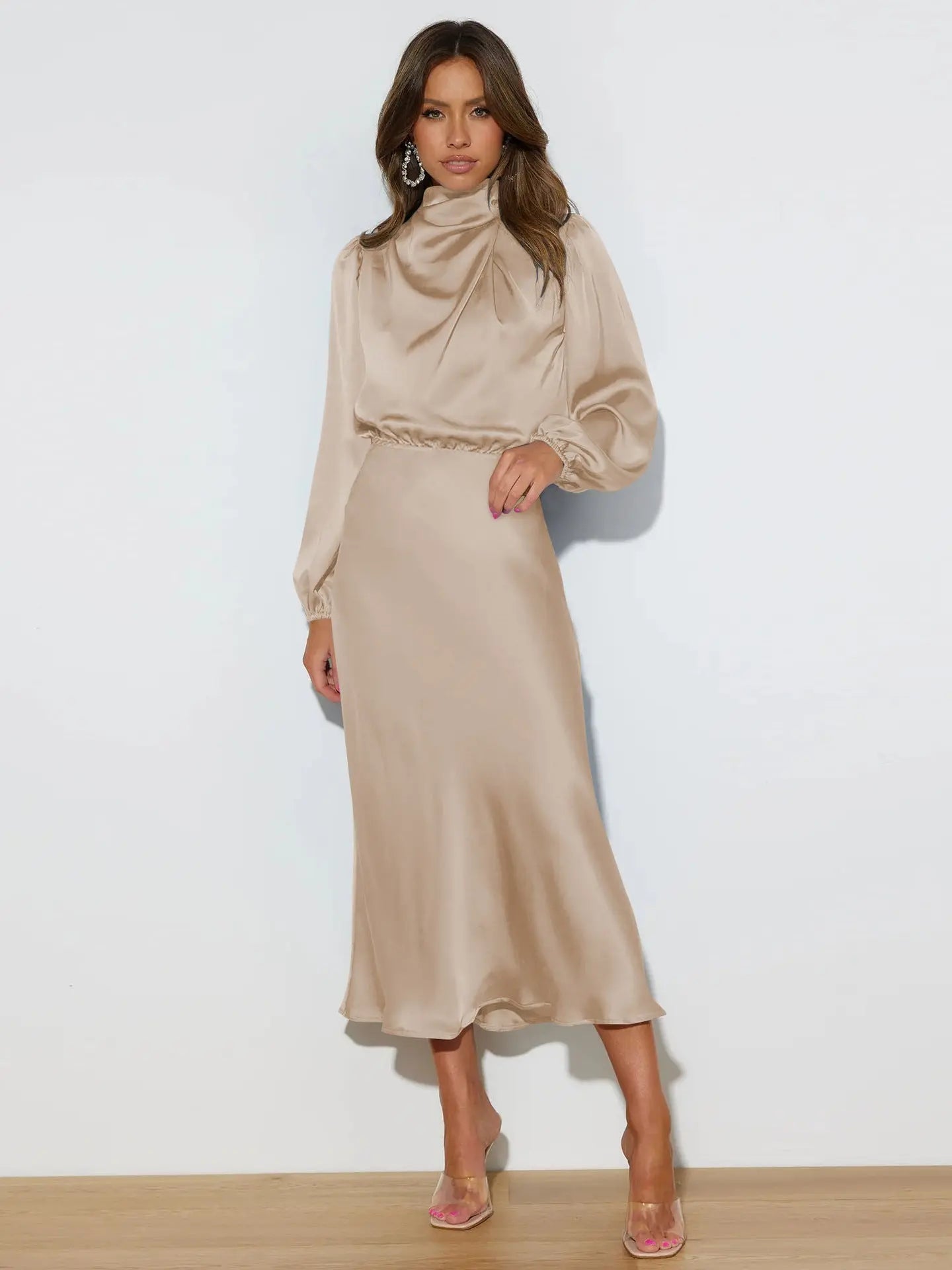 Dress Spring And Autumn Halterneck Long-sleeved Formal Dress Satin Elegant Lady Of Note Evening Dress Lady T Fashions