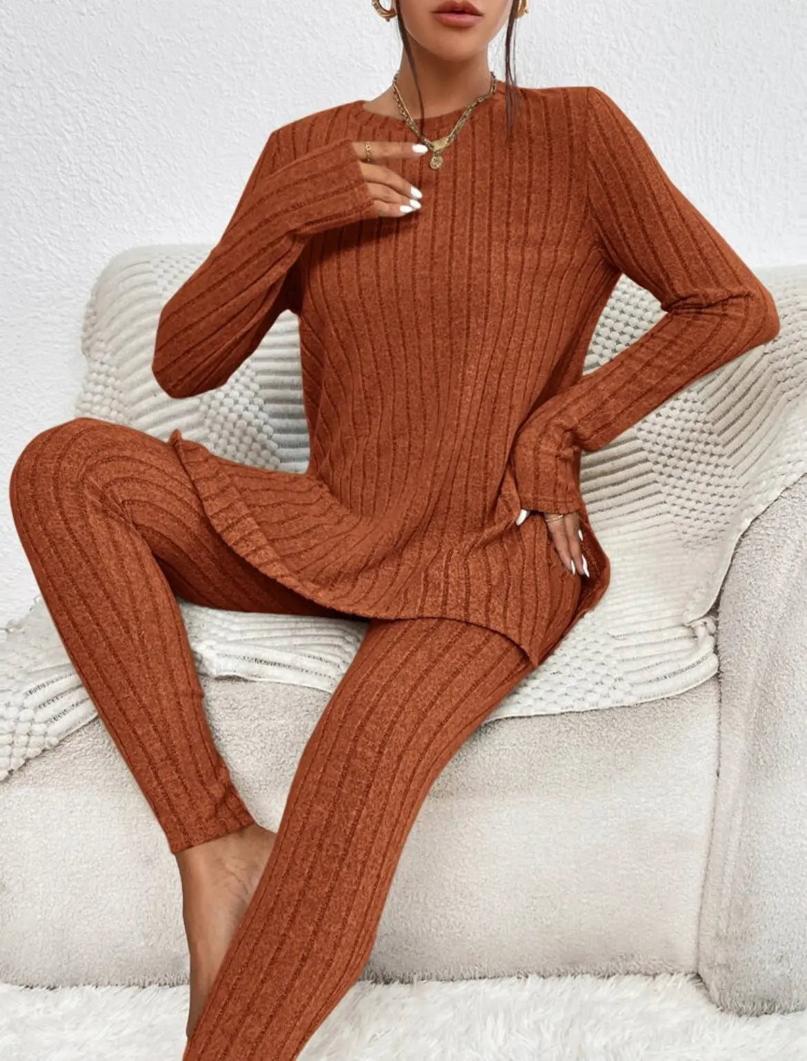 Fashion Casual Long Sleeve Split Irregular Round-neck Shirt Trousers Suit Lady T Fashions