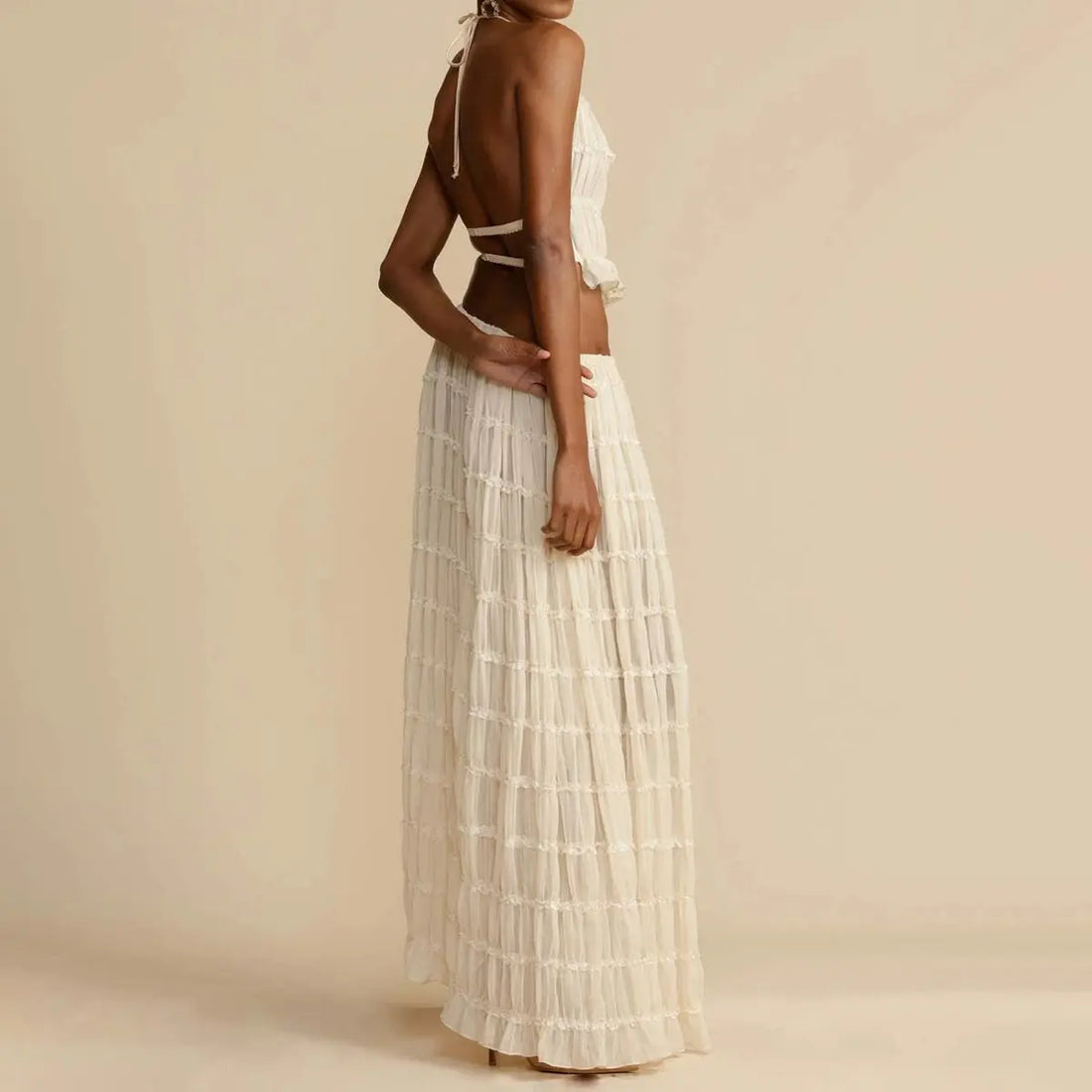 2pcs Women's Dress Suit Sexy Sleeveless Backless Cropped Halter Top And Pleated Long Skirt Beach Clothing Lady T Fashions