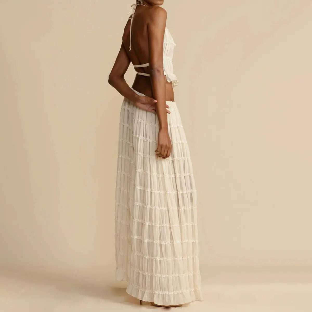 2pcs Women's Dress Suit Sexy Sleeveless Backless Cropped Halter Top And Pleated Long Skirt Beach Clothing Lady T Fashions