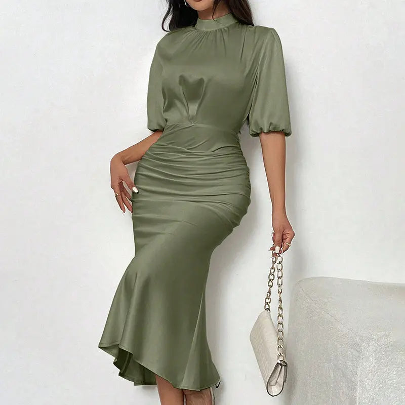 Women's Short Sleeve Mock Neck Ruched Midi Dress Slim Fit Elegant Party Dress Lady T Fashions