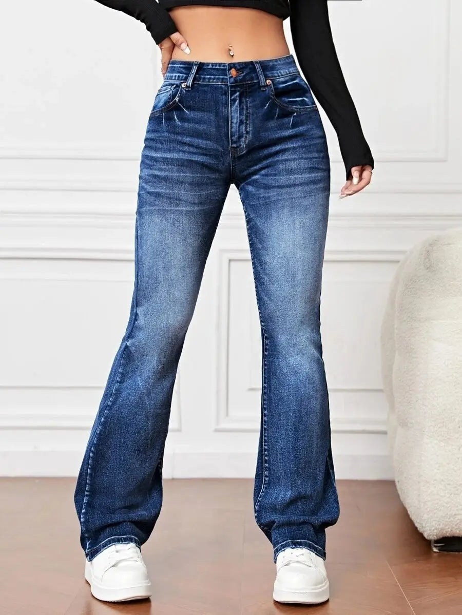 Denim High Waist Loose And Slimming Bootcut Trousers Lady T Fashions