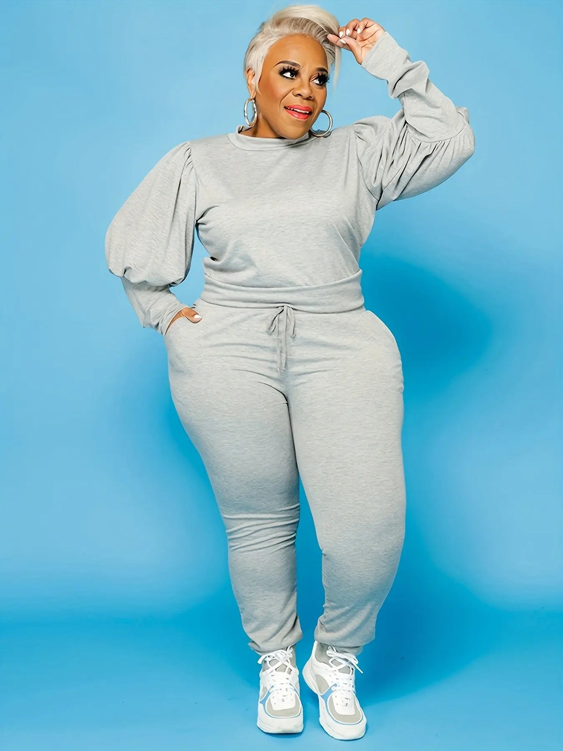 A Two-piece Set For Plus-size Women In Spring And Autumn, Featuring A Simple Solid-color Round-neck Top And Simple Solid-color Drawstring Tight-fitting Skinny Pants Lady T Fashions