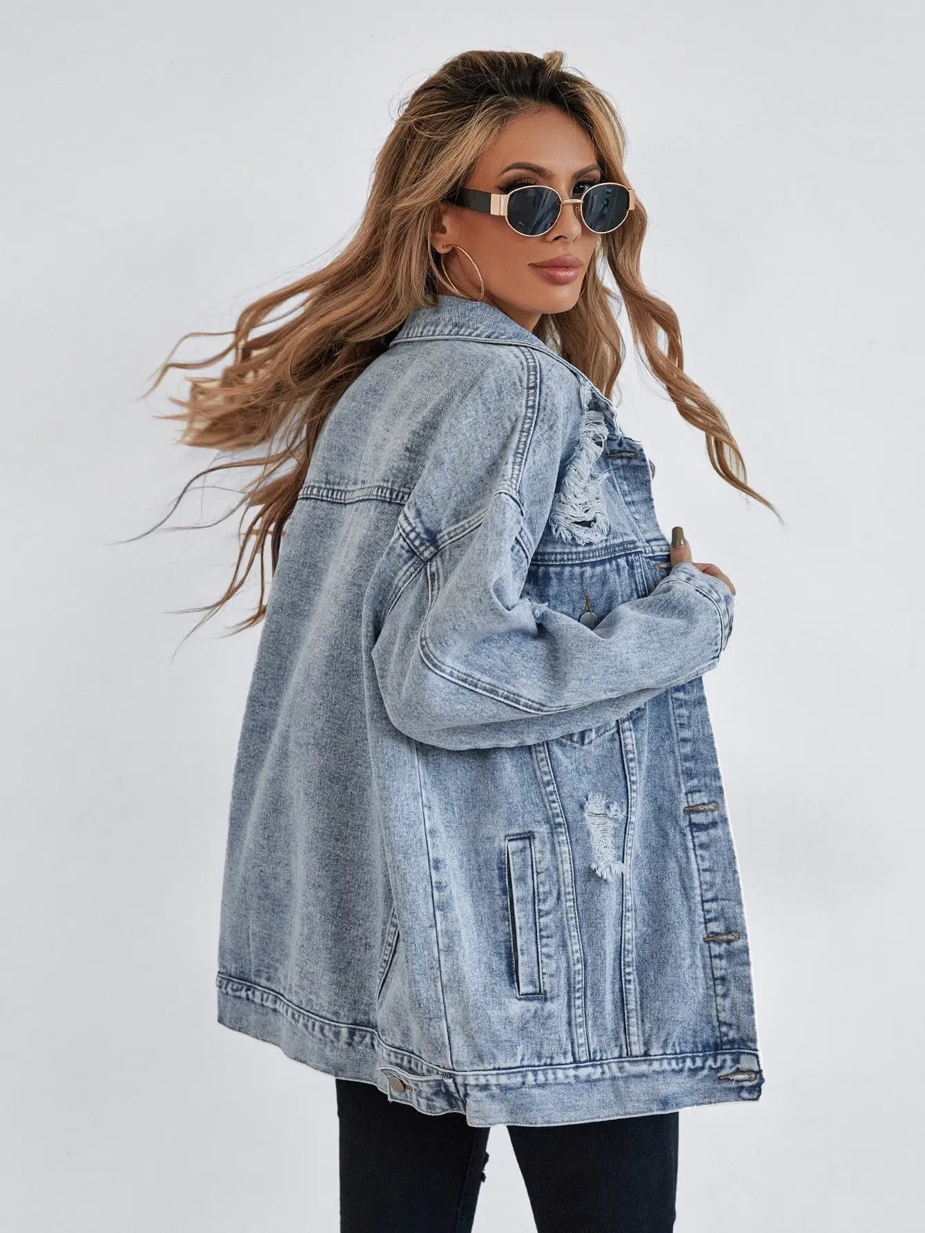 Button Blue Front Flap Pocket Drop Shoulder Denim Jacket Lady T Fashions
