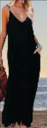 Poetsky Womens Casual Strappy V Neck Sleeveless Flowy Pockets Loose Long Maxi Beach Dress Sundress Lady T Fashions