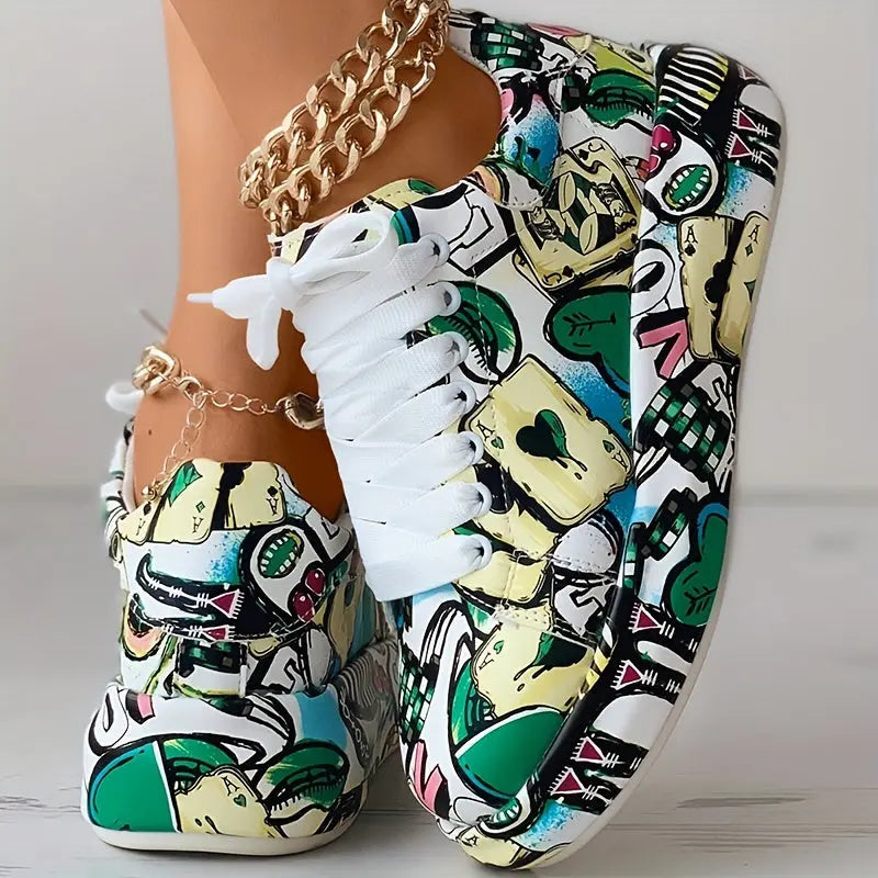 Womens Graffiti Art Sneakers - Stylish Lace-Up Platform Shoes with Comfortable Low Top Design - Perfect for Sports & Casual Wear - Fashionable Skate Style Lady T Fashions