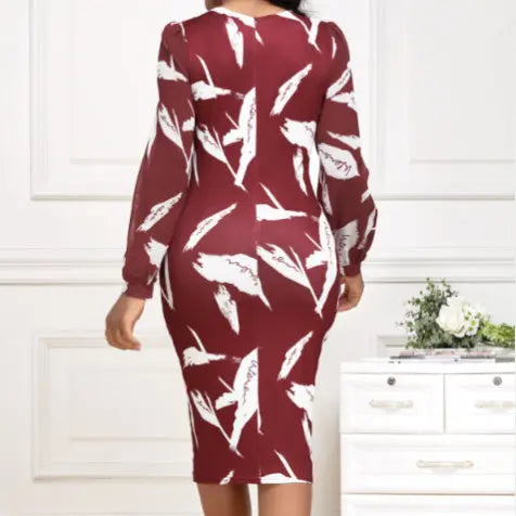 Ladies' Fashionable Round Neck Printed Fashionable Casual Slimming Bag Hip Dress Elegant And Directional Lady T Fashions