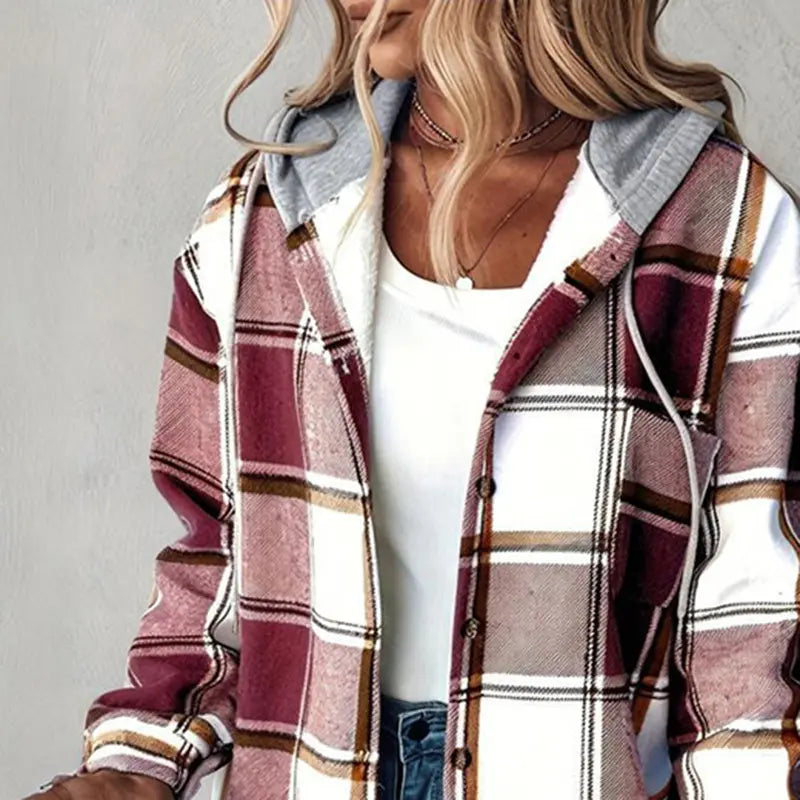 Women's Plaid Hoodie Long Sleeve Jacket Button Drawstring Casual Fall Shirts Shacket With Pocket Lady T Fashions