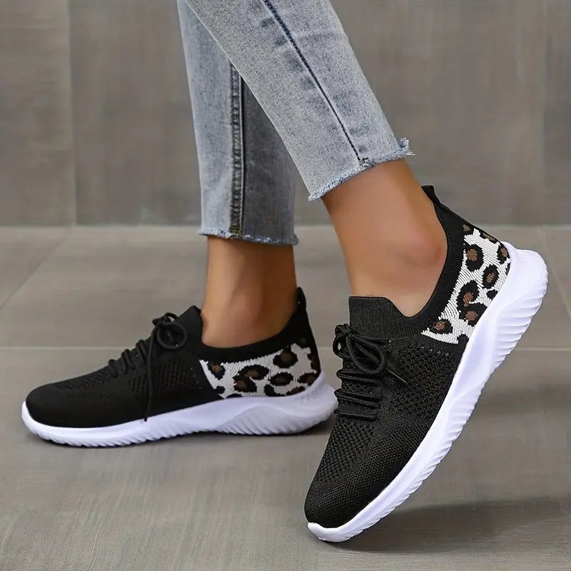 Women's Leopard Knit Sports Shoes, Breathable Lace Up Low Top Running Shoes, Casual Walking Tennis Sneakers Lady T Fashions