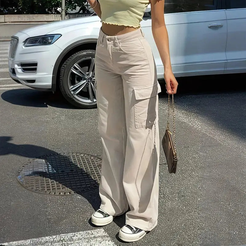 Women's Solid Color Wide Leg Pants With 4 Pockets - Button & Zip Front Casual Trousers For Spring&Fall Lady T Fashions