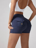 V-waist Stretch Yoga Workwear, Pocket Button Tight Pants, Women's Peach Hip Running And Fitness Shorts Lady T Fashions