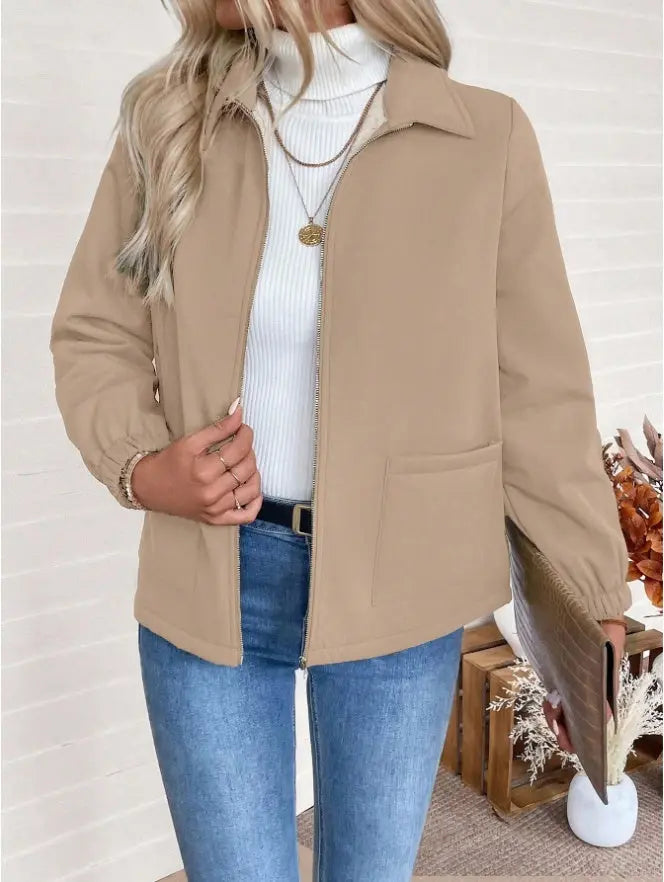 Casual Solid Color Zipper Fleece Jacket, Autumn Winter Lady T Fashions
