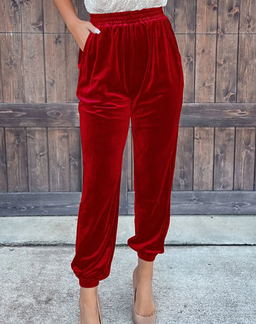 Women's Solid Color Straight Pants With Elastic Waist And Casual Cuffs Lady T Fashions