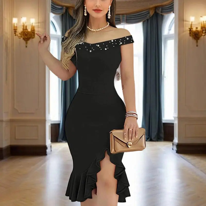 Women's Solid Color Beaded Off-Shoulder Bodycon Dress - Ruffle Hem & Slit Tight Midi Dress For Summer Parties Lady T Fashions