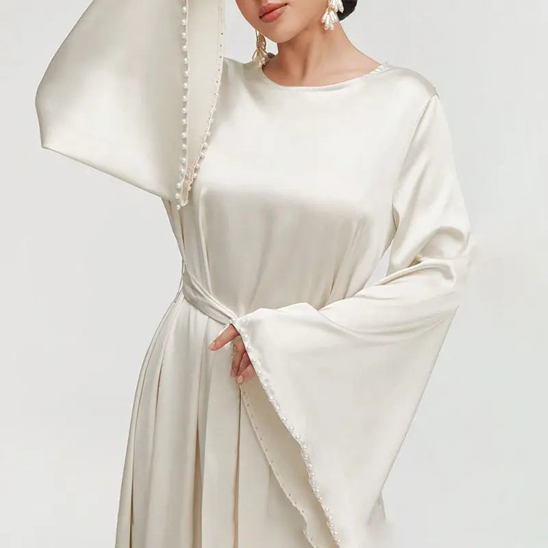Elegant Round Neck Solid Color Flared Maxi Dress Long Sleeve With Pearl Cuff Detail, Modest A-Line Middle Eastern Abaya Party & Vacation Dress For Women Lady T Fashions