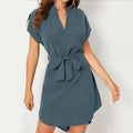 V-neck Short Sleeve Dress With Belt Summer Fashion Bowknot Dresses For Women Clothing Lady T Fashions