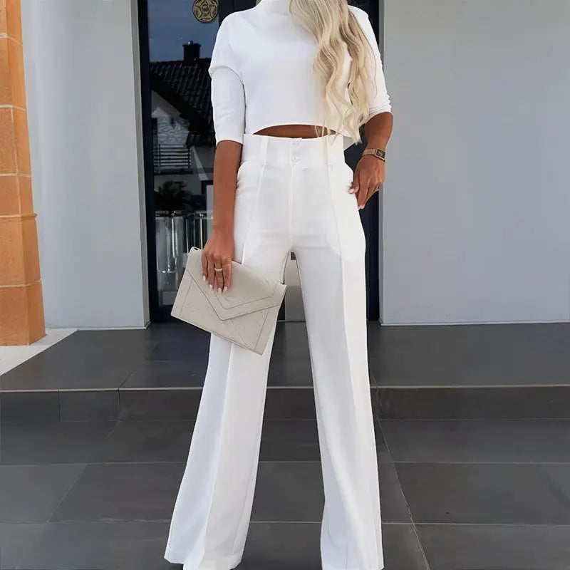 Women's Elegant Solid Color Half Sleeve Short Top With Straight Leg Pants Two-Piece Office Wear Suit With Pockets Lady T Fashions