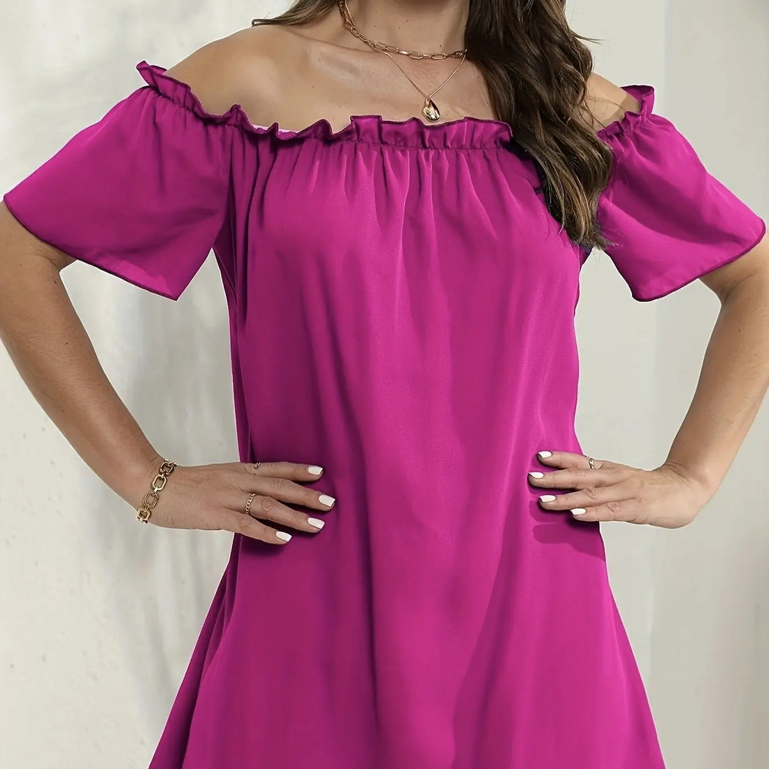 Ladies' Fashion Off Shoulder Ruffle Solid Color Decorative One Shoulder Casual Dress Lady T Fashions