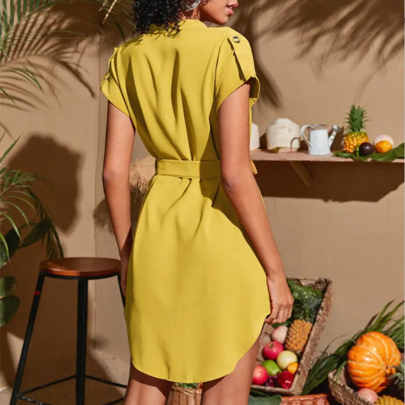 V-neck Short Sleeve Dress With Belt Summer Fashion Bowknot Dresses For Women Clothing Lady T Fashions