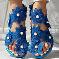 [Flowers Flat Women's Sandals] Women's Flowers Flat Sandals, Fashion Toe Loop Faux Pearl Slip On Shoes, Casual Beach Travel Sandals Lady T Fashions