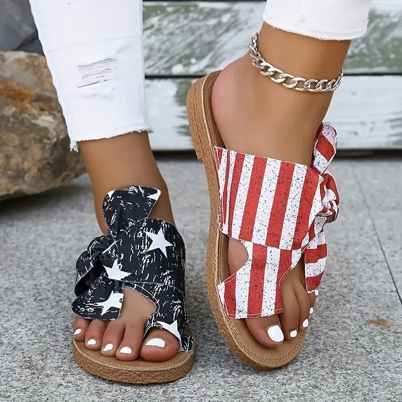 Women's Flag Pattern Slide Sandals, Bowknot Toe Loop Slip On Flat Shoes, Casual Sandals For The 4th Of July Summer Casual Shoes For Independence Day Lady T Fashions