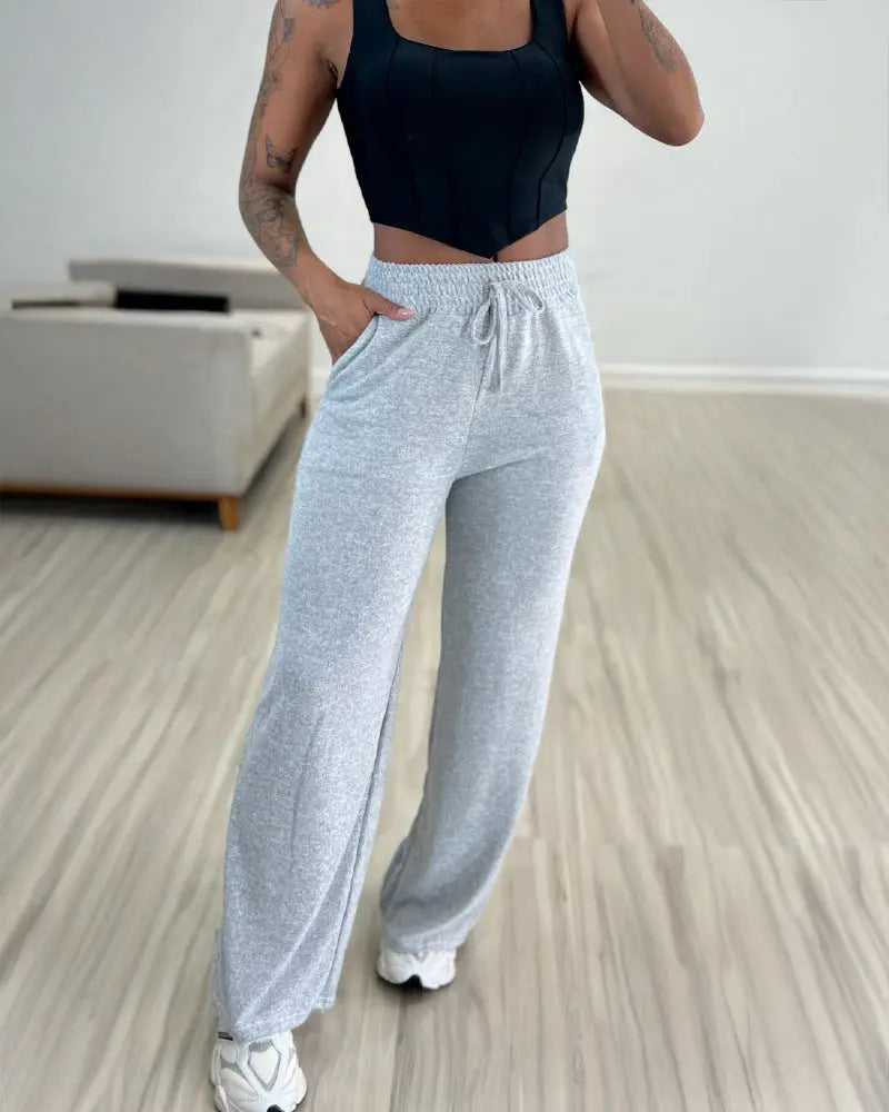Solid Color High Waist Lace-up Elastic Waist Trimming Casual Trousers Lady T Fashions