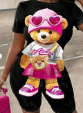 Casual Printed Cute Bear Pattern 2pcs Set For Women, Suitable For Summer Lady T Fashions