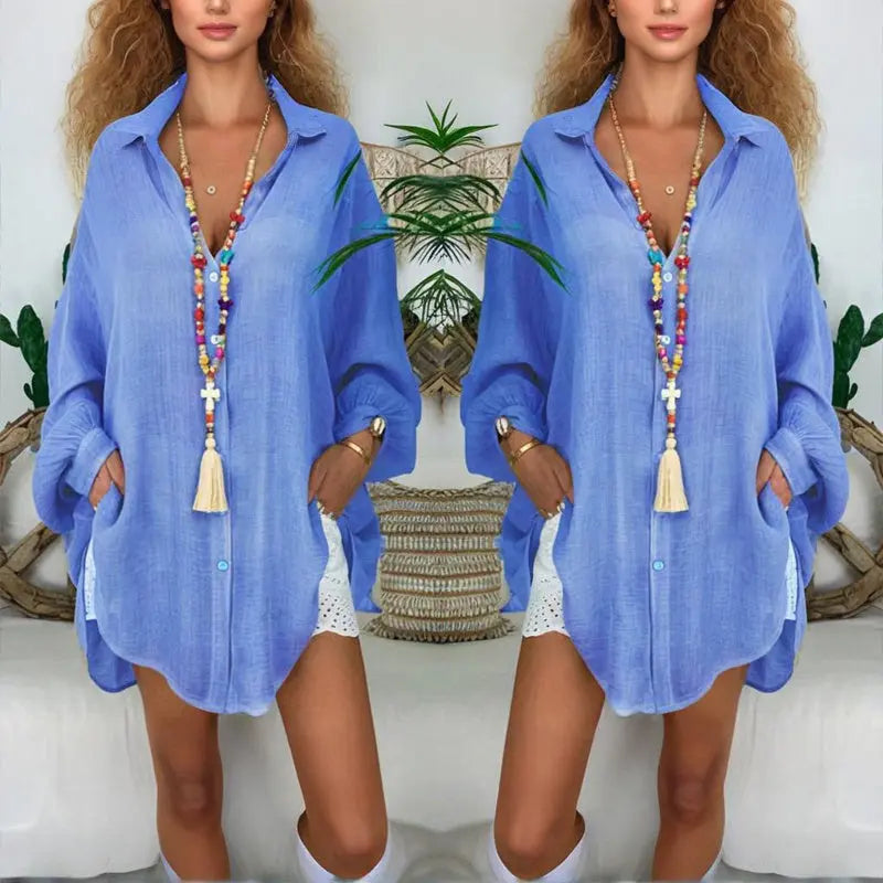 Plus Size Women's Solid Color Notch Lapel Long Sleeve Dress With Button Front Sheer Lightweight Midi Dress For Summer Lady T Fashions
