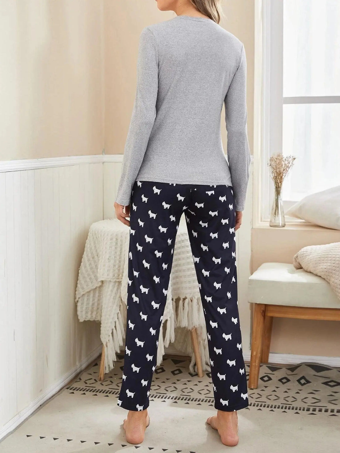 Cartoon Dog Print Pajama Set, Long Sleeve Crew Neck Top & Elastic Waistband Pants, Women's Sleepwear & Loungewear Lady T Fashions