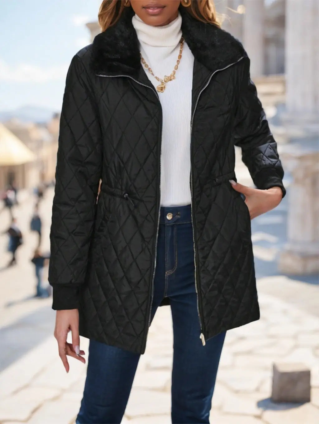 Casual Winter Clothes Contrast-Color Fur Collar Drawstring Waist Padded Padded Coat Lady T Fashions