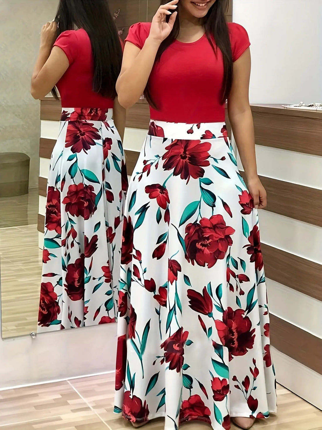Women'S Plus Size Floral Print Red Colorblock Midi Dress with Short Sleeves - Elegant Crew Neck, Medium Stretch Polyester Fabric, Perfect for All Seasons Lady T Fashions