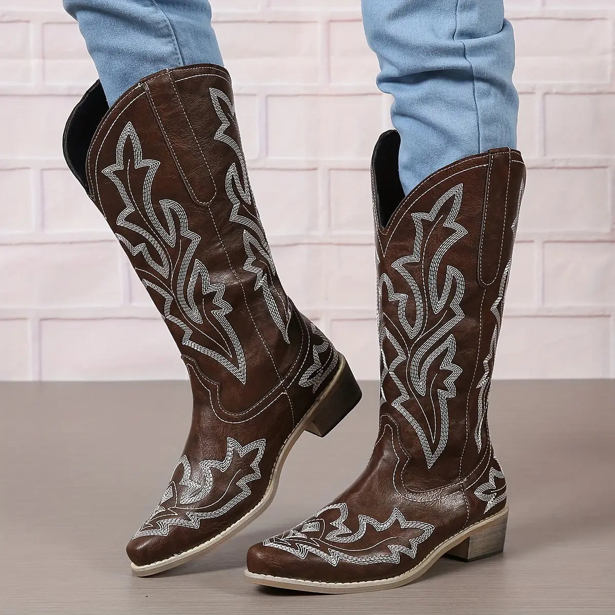 [Retro Cowgirl Boots] Retro Style Women's Western Mid Calf Boots | V-cut Embroidery Cowgirl Boots, Pointed Toe Slip On Shoes Lady T Fashions