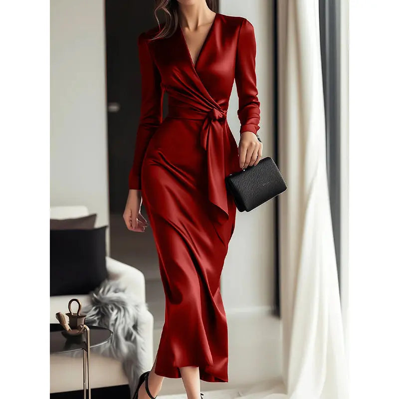 Women's Burgundy Satin Midi Dress Elegant V-Neck Long Sleeve Bodycon Dress With Belted Waist Lady T Fashions