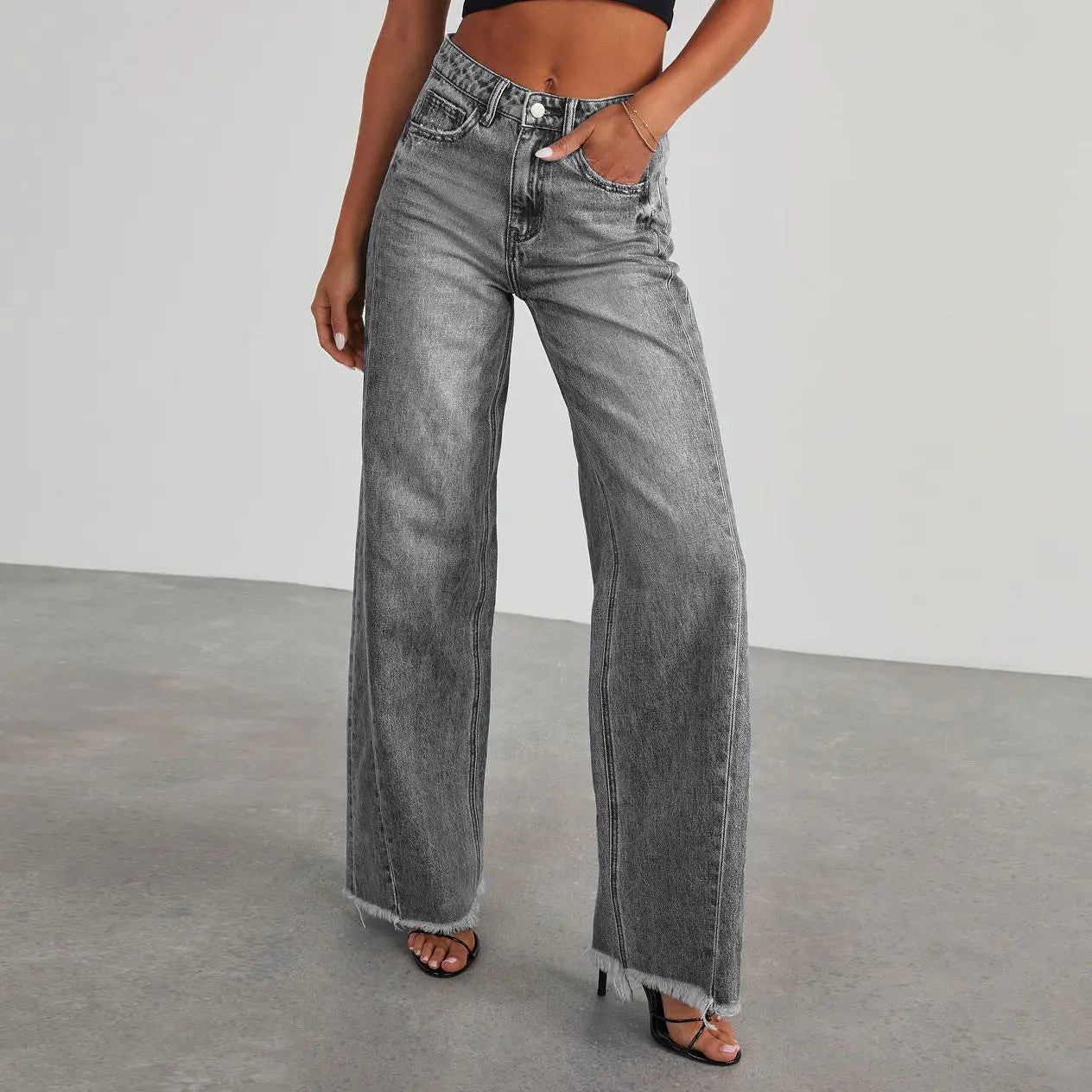Fashion High Waist Jeans With Pockets Comfortable Slim Fit Straight Wide-leg Pants Womens Clothing Lady T Fashions