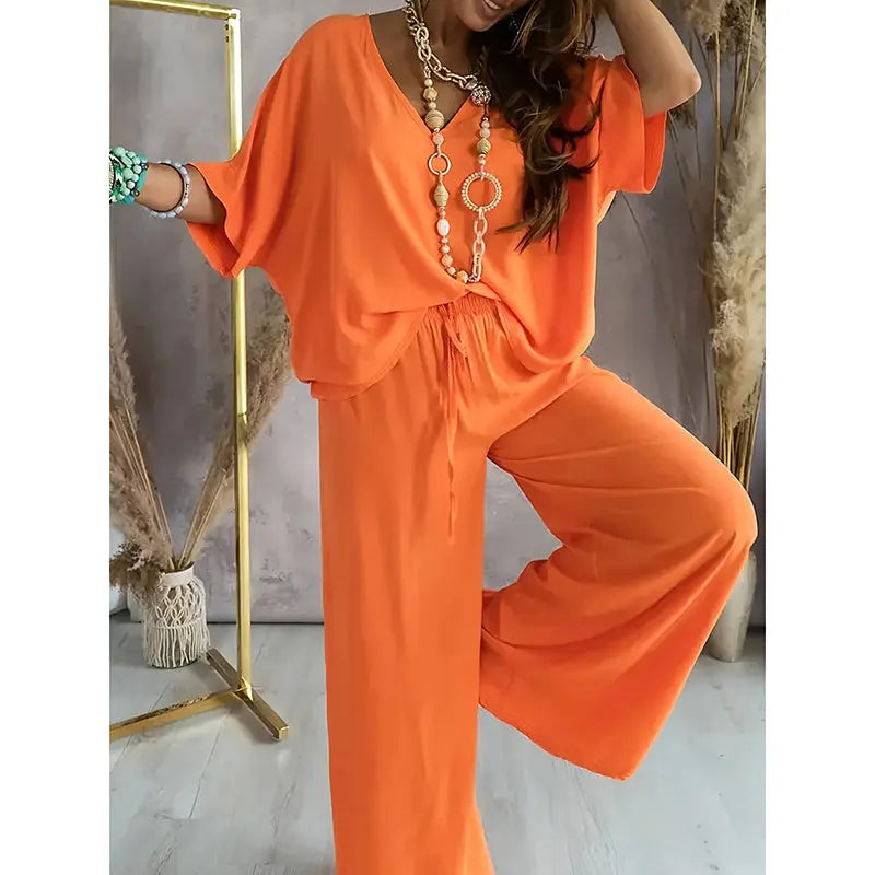 Women's 2 Piece Outfit, Casual Solid Color V-Neck Half Sleeve Top And Wide Leg Pants Lounge Set Lady T Fashions