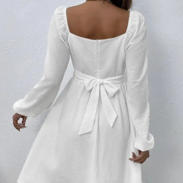 Ladies' Fashion Elegant Solid Color Collar Lace Fold Waist A-list Dress Lady T Fashions