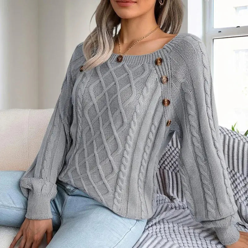 Women's Solid Color Casual Square Neck Button-Detail Knit Top - Textured Ribbed Pattern, Cozy Fall&Winter Sweater Lady T Fashions