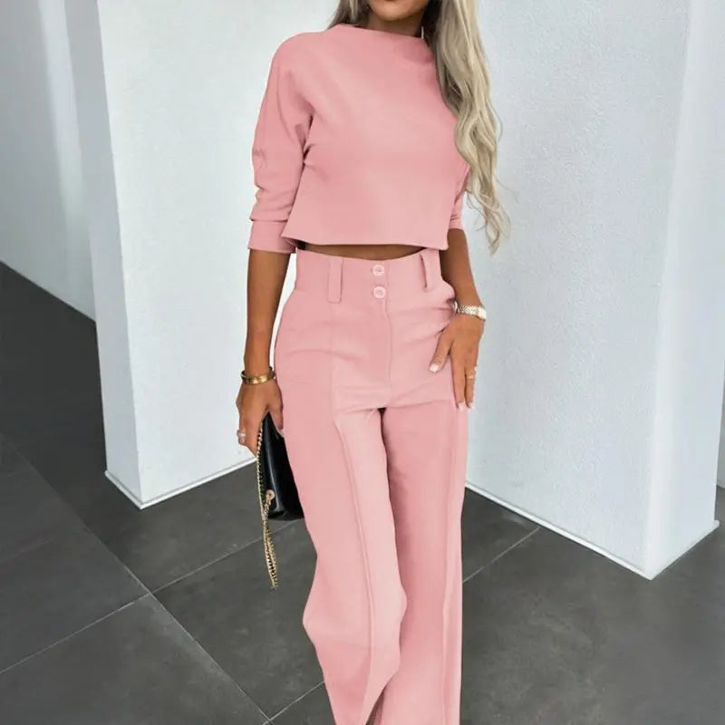 Women's Elegant Solid Color Half Sleeve Short Top With Straight Leg Pants Two-Piece Office Wear Suit With Pockets Lady T Fashions