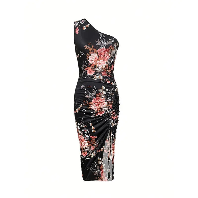 Women's One Shoulder Bodycon Dresses Summer 2025 Ruched High Split Floral Beach Cocktail Wedding Guest Dress Lady T Fashions