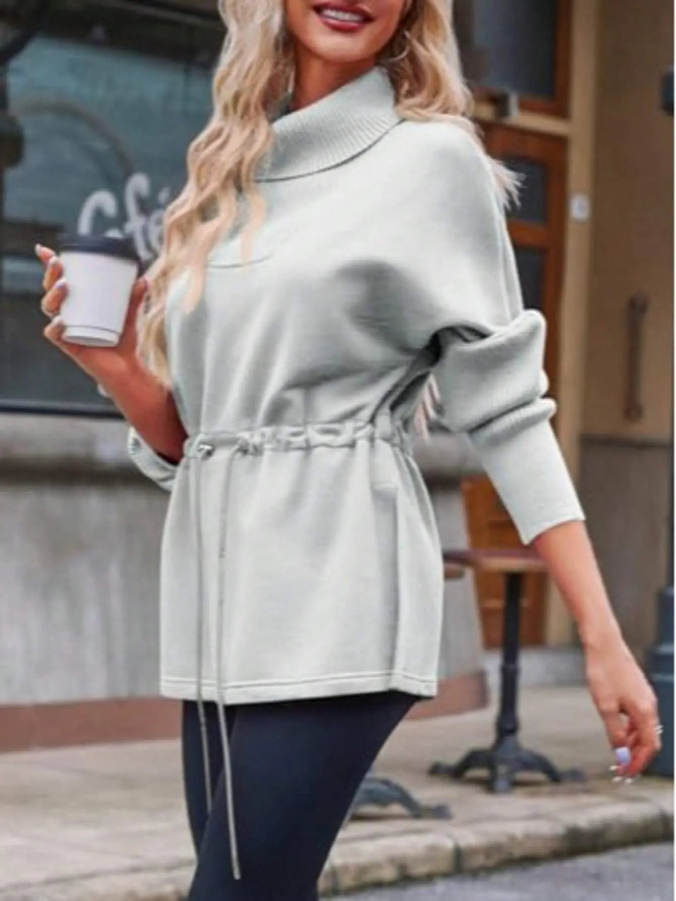 Fisoew Women's Turtleneck Sweatshirts Fleece Drawstring Waist Casual Long Sleeve Pullover Sweater Side Slit Tunic Tops Lady T Fashions