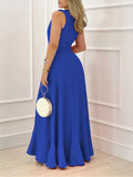 [Elegant Maxi Dress] Royal Blue Elegant Deep V-Neck Sleeveless Maxi Dress | Asymmetrical Hem, Cinched Waist, Flowing Skirt, Polyester Fabric, Perfect for Summer Parties & Formal Events Lady T Fashions